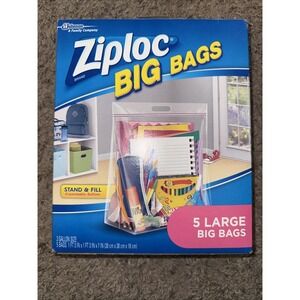 Ziploc Big Bags Large Size 3-Gallon Heavy Duty Zipper Storage 15" x 15" 5-Pack
